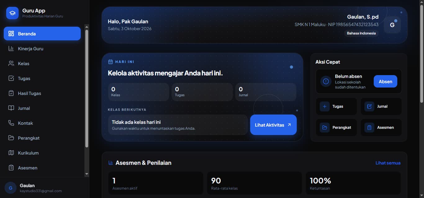 Dashboard utama Guru App